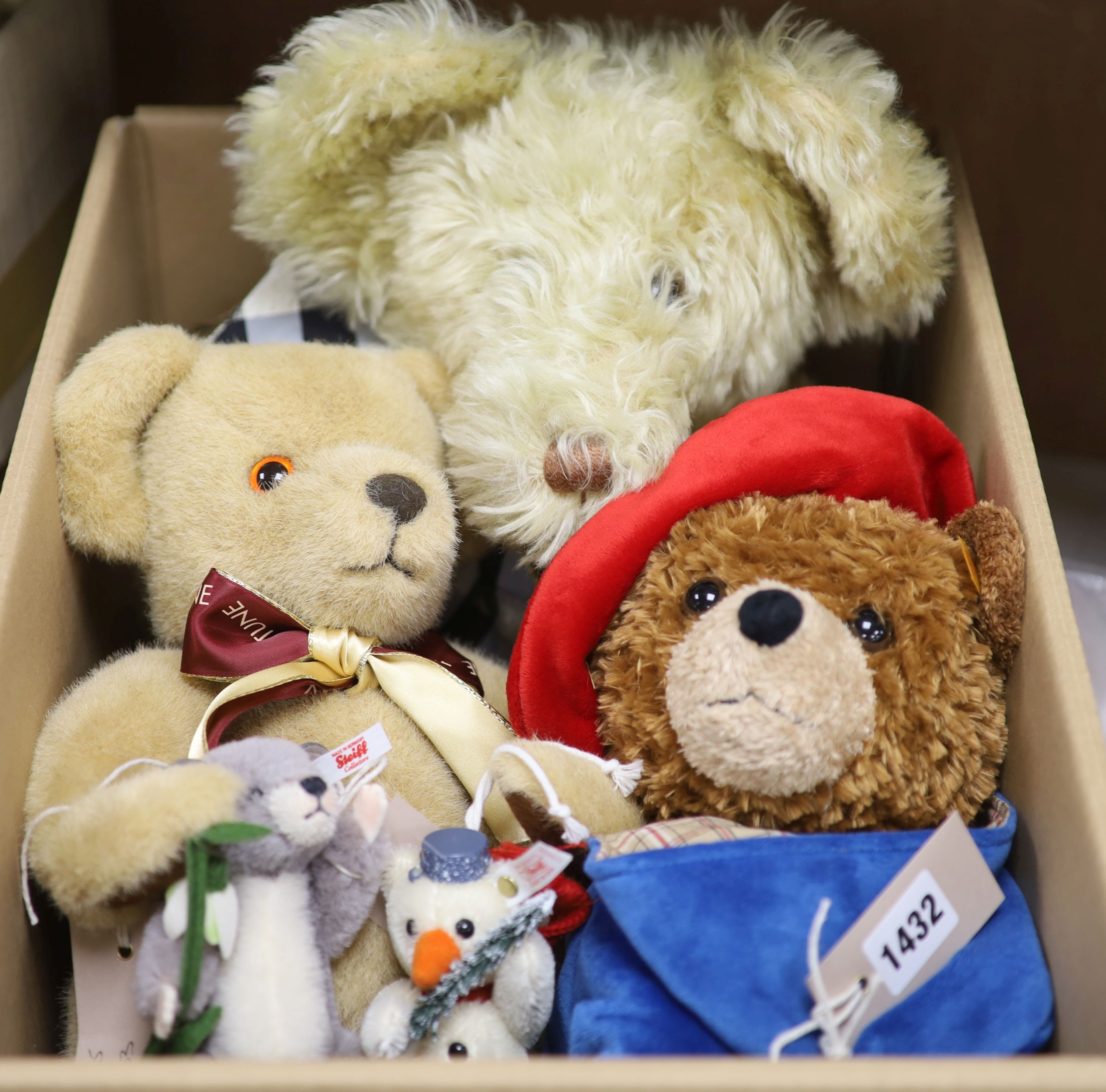 Large musical Canterbury bear and Merrythought musical and Steiff yellow tag Paddington, White label mouse, Steiff Snowman